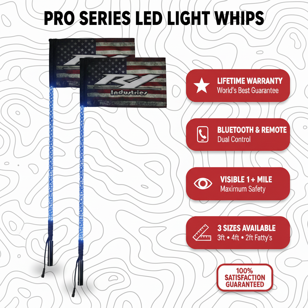 R1 Industries Pro Series LED Light Whips – Bluetooth & RF Remote, IP67, Lifetime Warranty